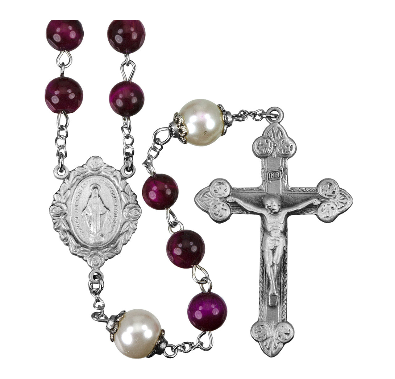 Fuchsia Dyed Tiger Eye Gemstone Bead Rosary made with Genuine Pewter Crucifix and Centerpiece