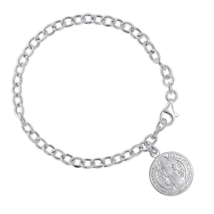 St Benedict Sterling Silver Medal w/  Plated Row Chain Bracelet