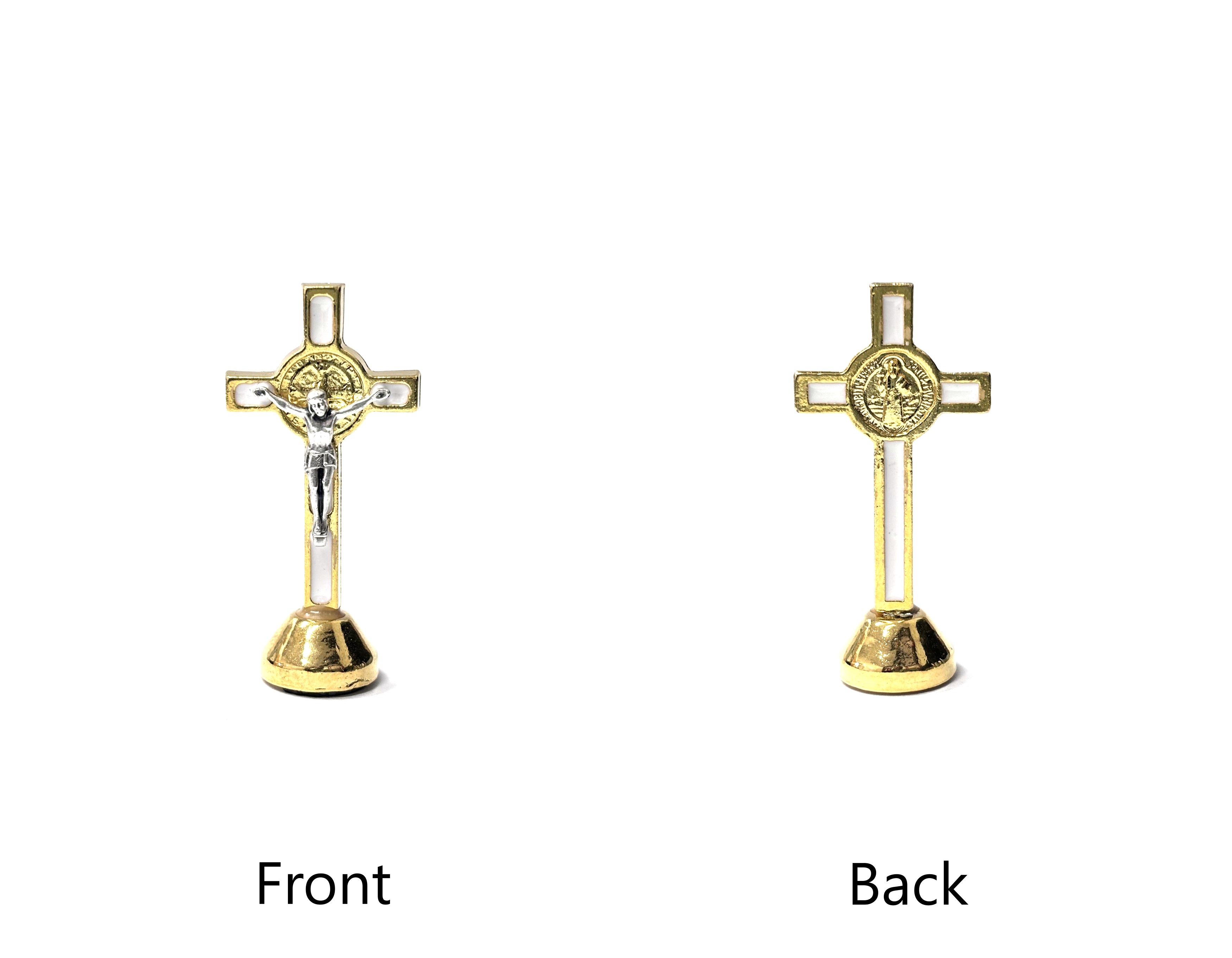 Gold metal and enamel Saint Benedict mini standing cross