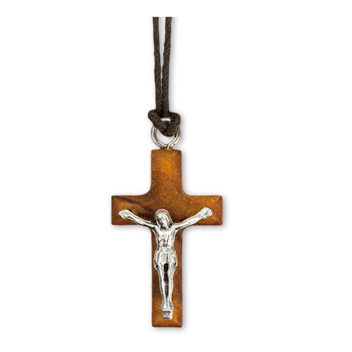 1 1/4" Olive Wood Crucifix on 28" Brown Cord
