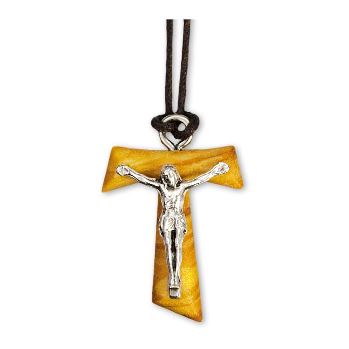 1" Tau Crucifix on 30" Brown Knotted Cord