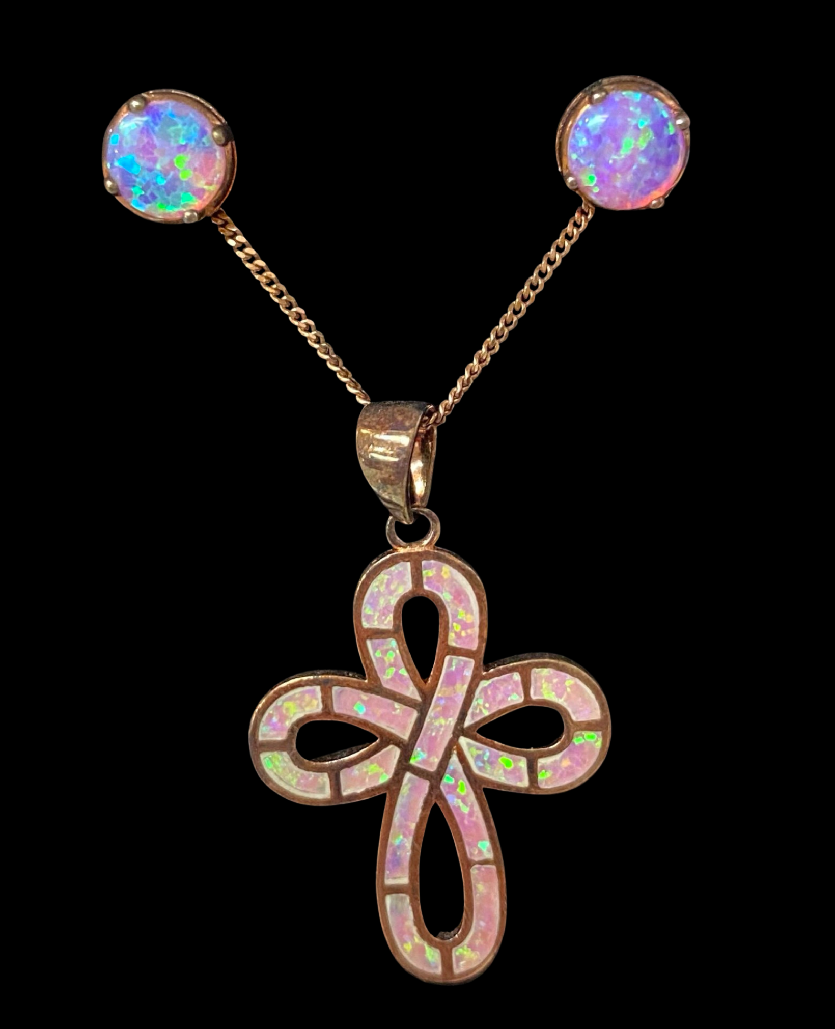 Rose Gold Plated Opal Cross.925 with Sterling Silver Pendant Necklace with Matching Earrings..