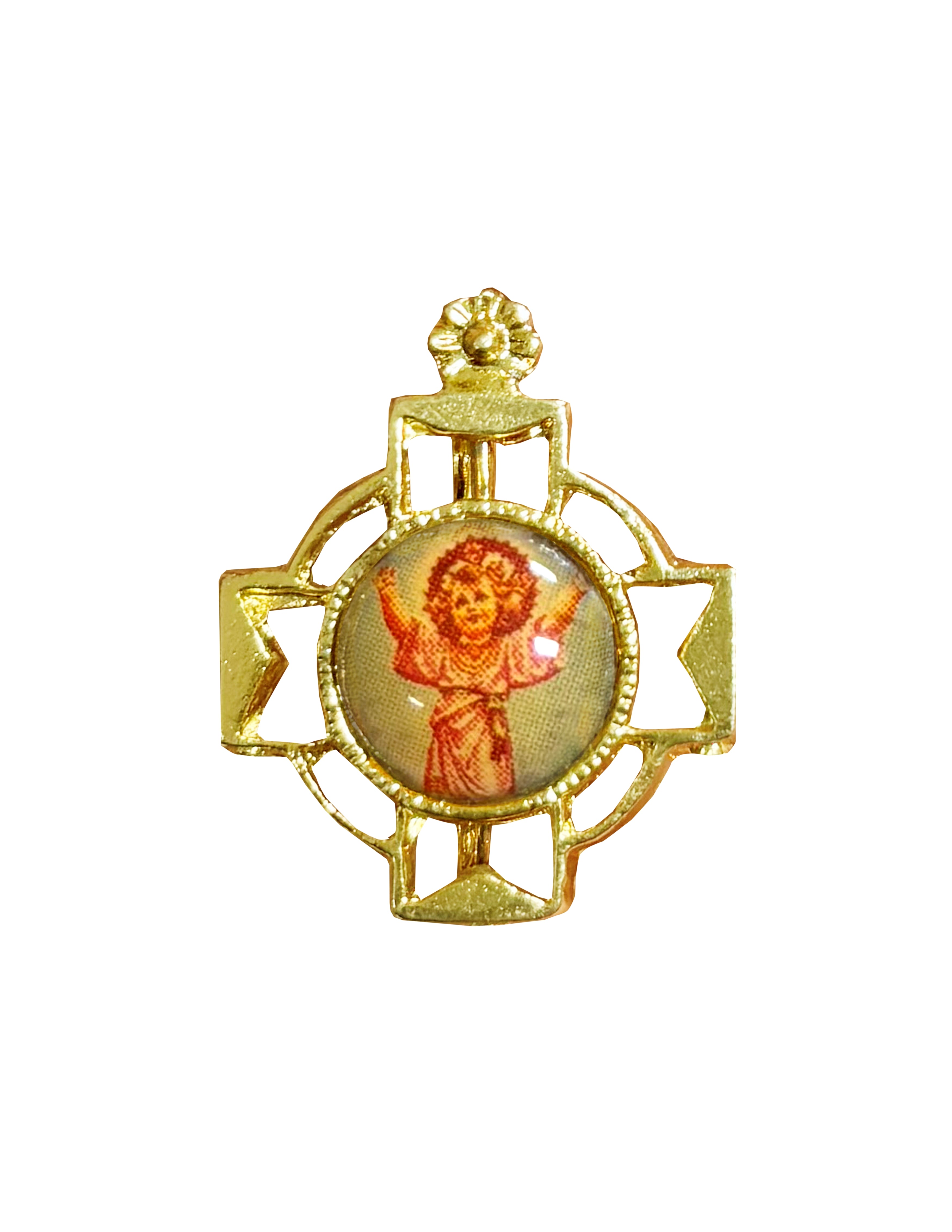 Lapel pin gold cross and enameled print