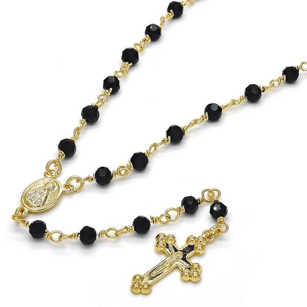 Rosary 18” black beads and 18k gold over silvee