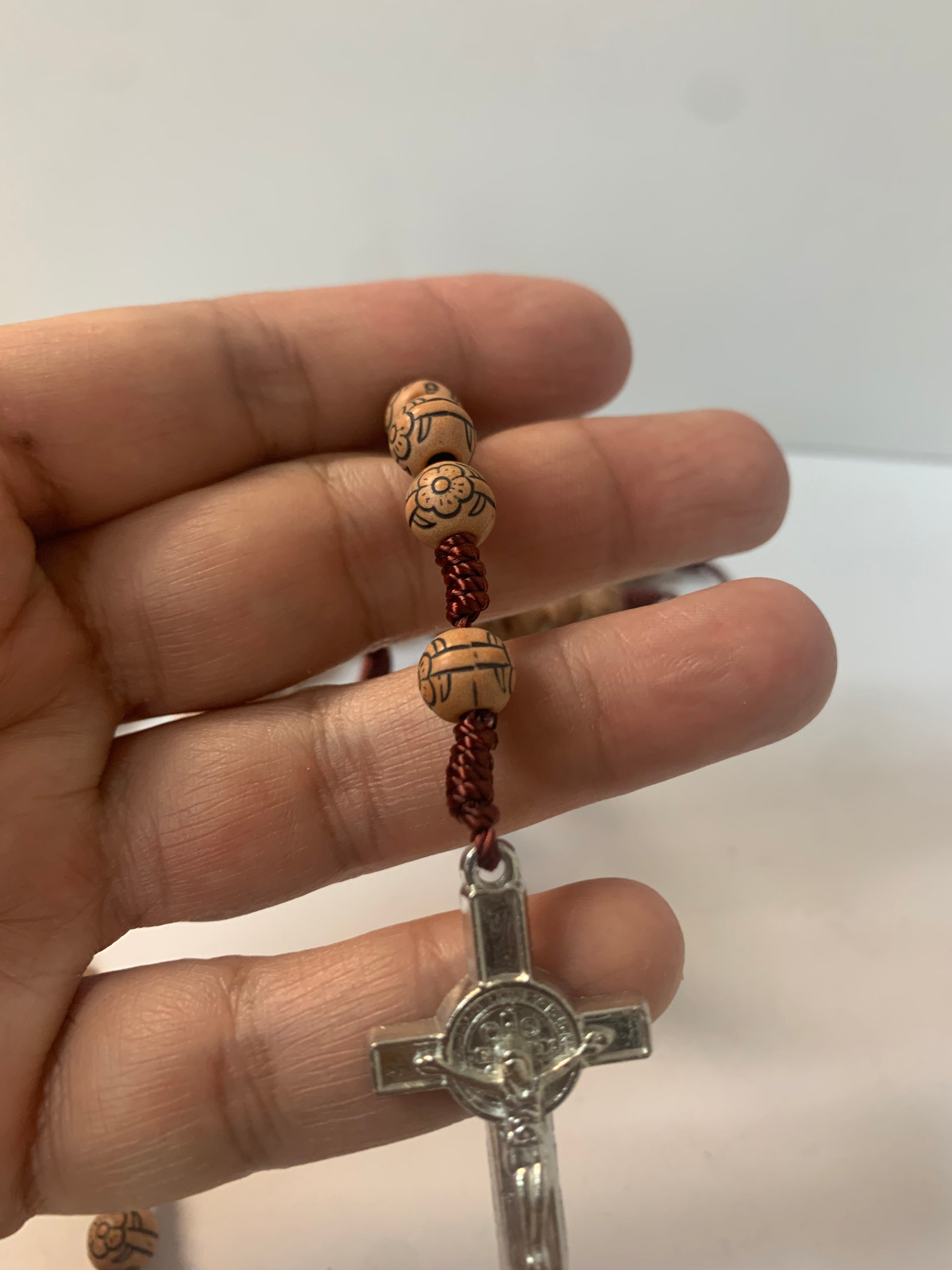 St Benedict flower carved wood beads Rosary