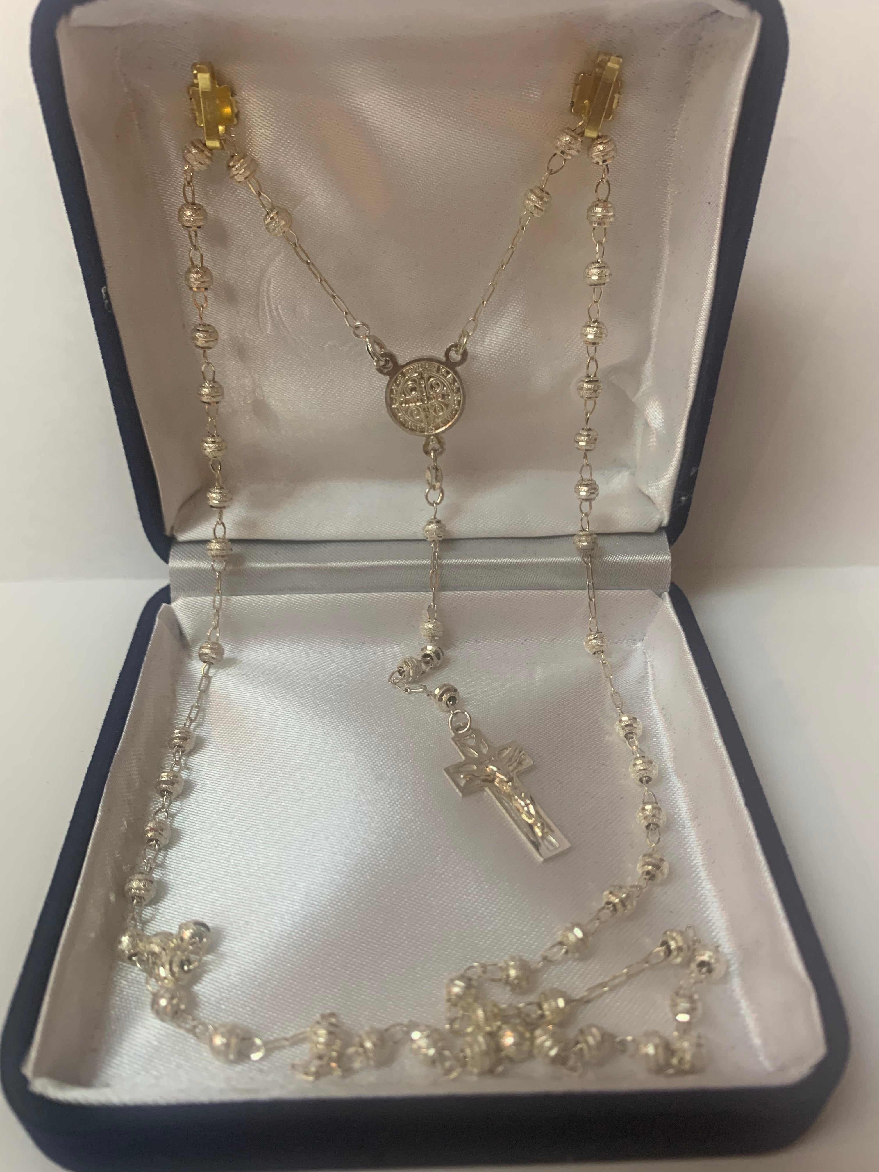 Silver Rosary with Saint Benedict / or Our Lady of Guadalupe medal in the middle