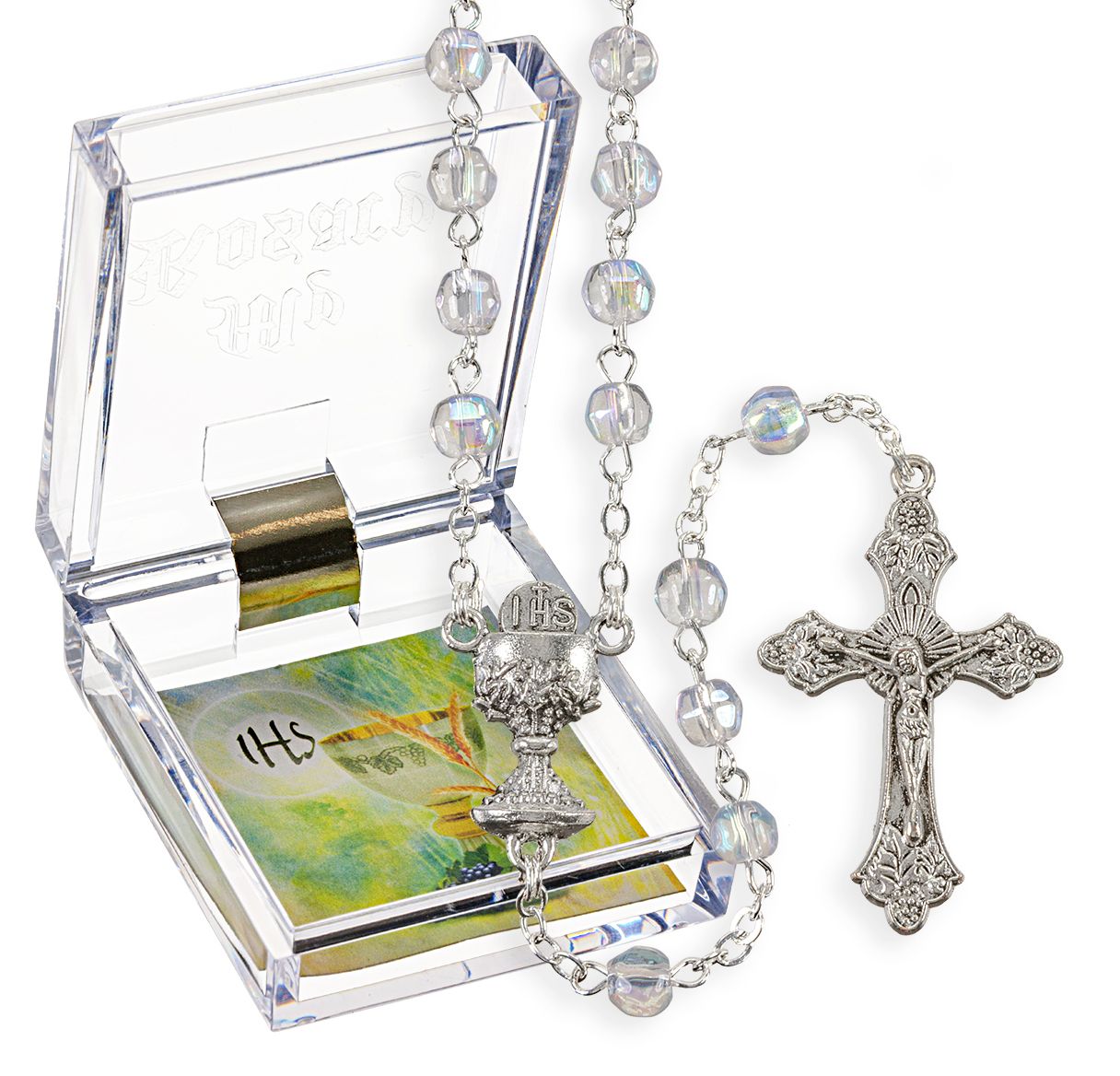 5mm Crystal Aurora Borealis Communion Rosary Boxed