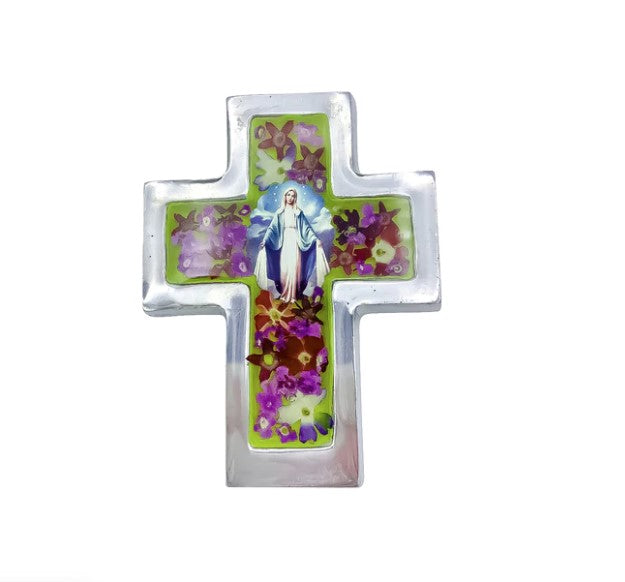 2.4" x 3.5" Lady of Grace Pressed Flowers Cross