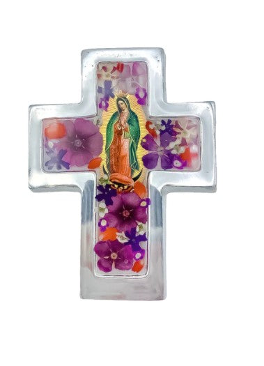2.4" x 3" Our Lady of Guadalupe Pressed Flowers Cross