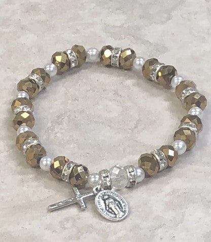 Sparkle Bead Rosary Bracelet with Strass Crystals. Miraculous Medal and Crucifix.