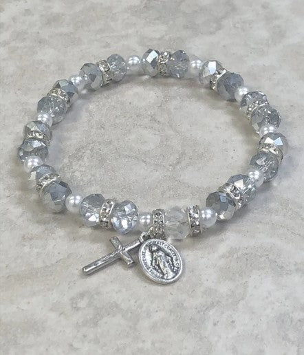 Sparkle Bead Rosary Bracelet with Strass Crystals. Miraculous Medal and Crucifix.