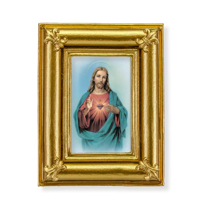 Gold Frame with Fleur de lis corners and a Sacred Heart print