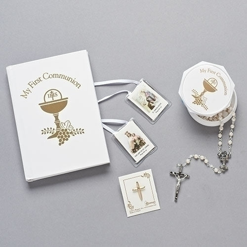 White & Gold Communion Set Rosary 5 Pcs With Rosary, box, book, pin, scapular