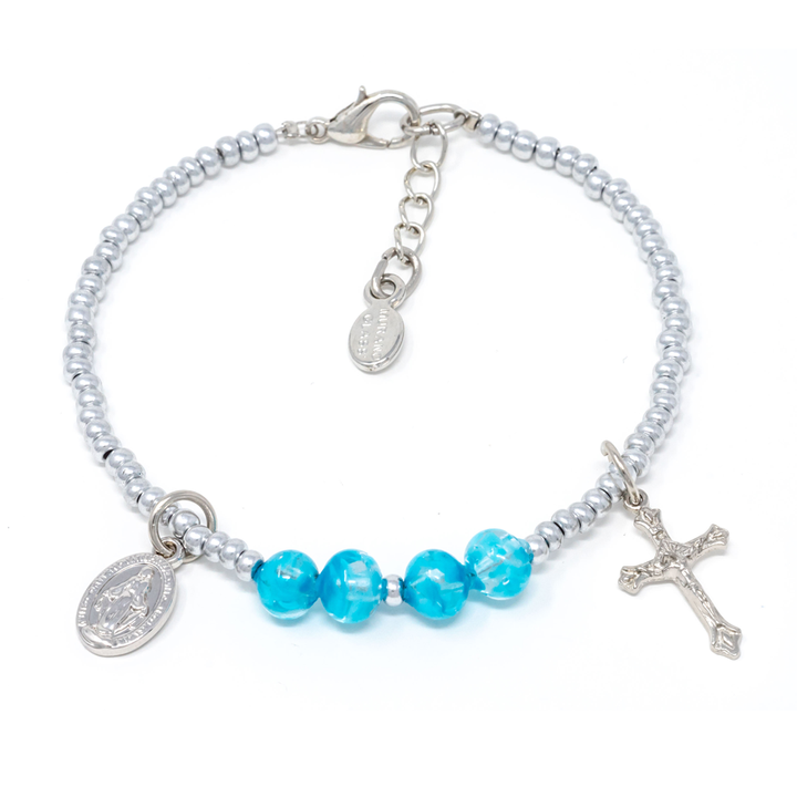 Steel and Blue Genuine Murano "Seed Bead" Bracelet with Sommerso Beads, Miraculous Medal and Crucifix