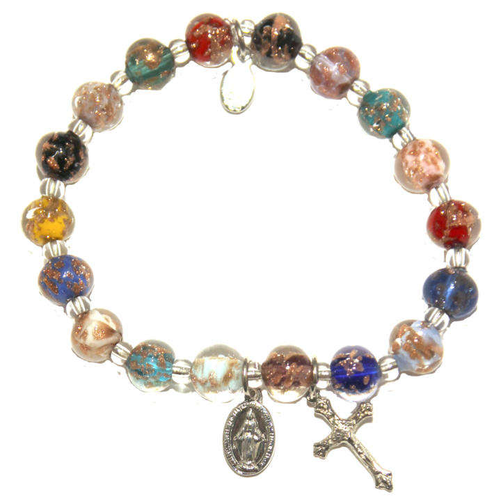 Multi Color Genuine Murano SIlver Tone Stretch Bracelet with Sommerso Beads, Miraculous Medal and Crucifix
