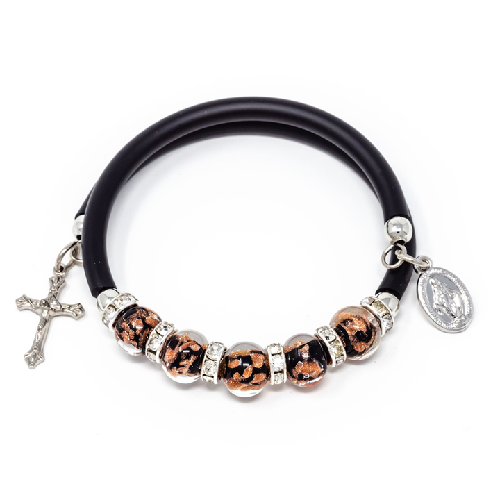 Black Memory Wire Rubber Bracelet with Sommerso Murano Beads, Miraculous Medal and Crucifix