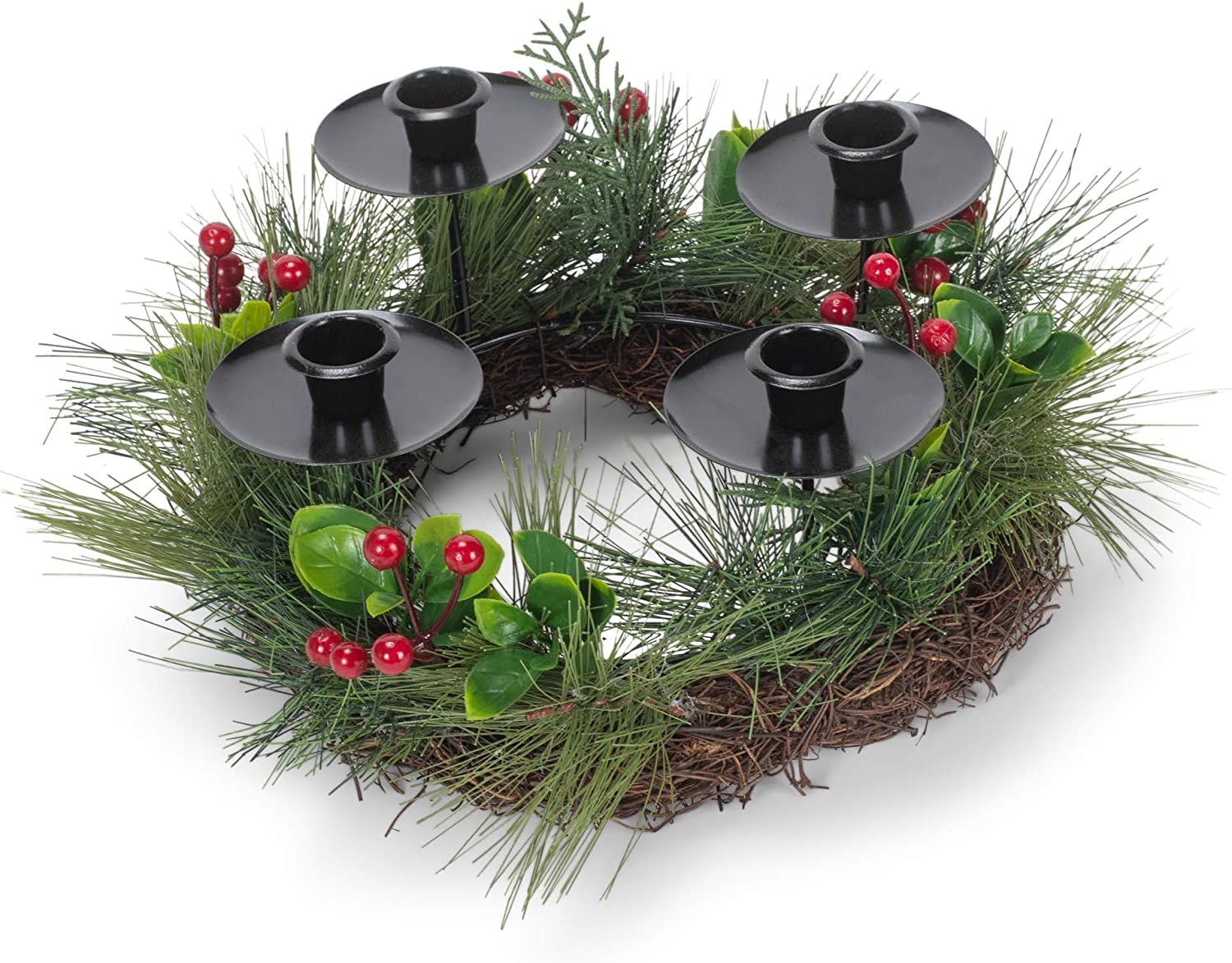 Roman Wreath Pine with Berries Metal Advent Wreath Candleholder 14 Inch