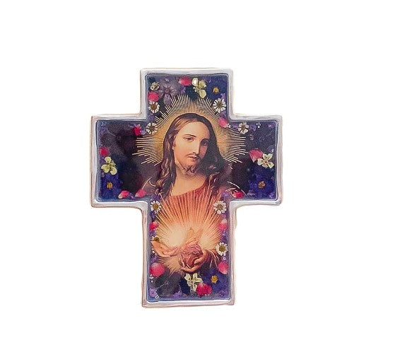 5.17" x 6.3" Pressed Flowers Sacred Heart Wall Cross