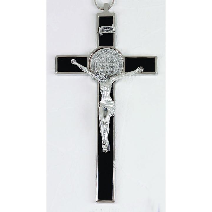 Saint Benedict Black Enamel Cross - Silver Tone Medal