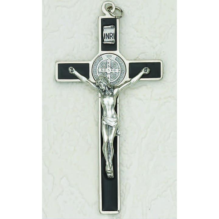 Saint Benedict Black Enamel Wall Cross - Silver Tone Medal