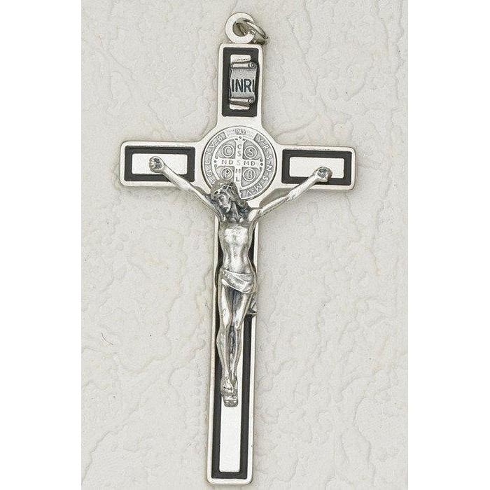 Saint Benedict Deluxe Black Enamel Wall Cross - Silver Tone Medal