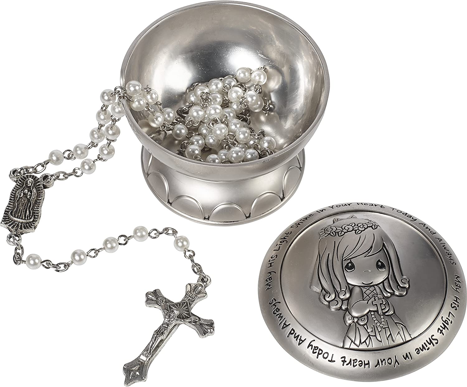 Precious Moments  May His Light Shine in Your Heart Today & Always  First Communion Rosary & Silver Zinc Alloy Rosary Box