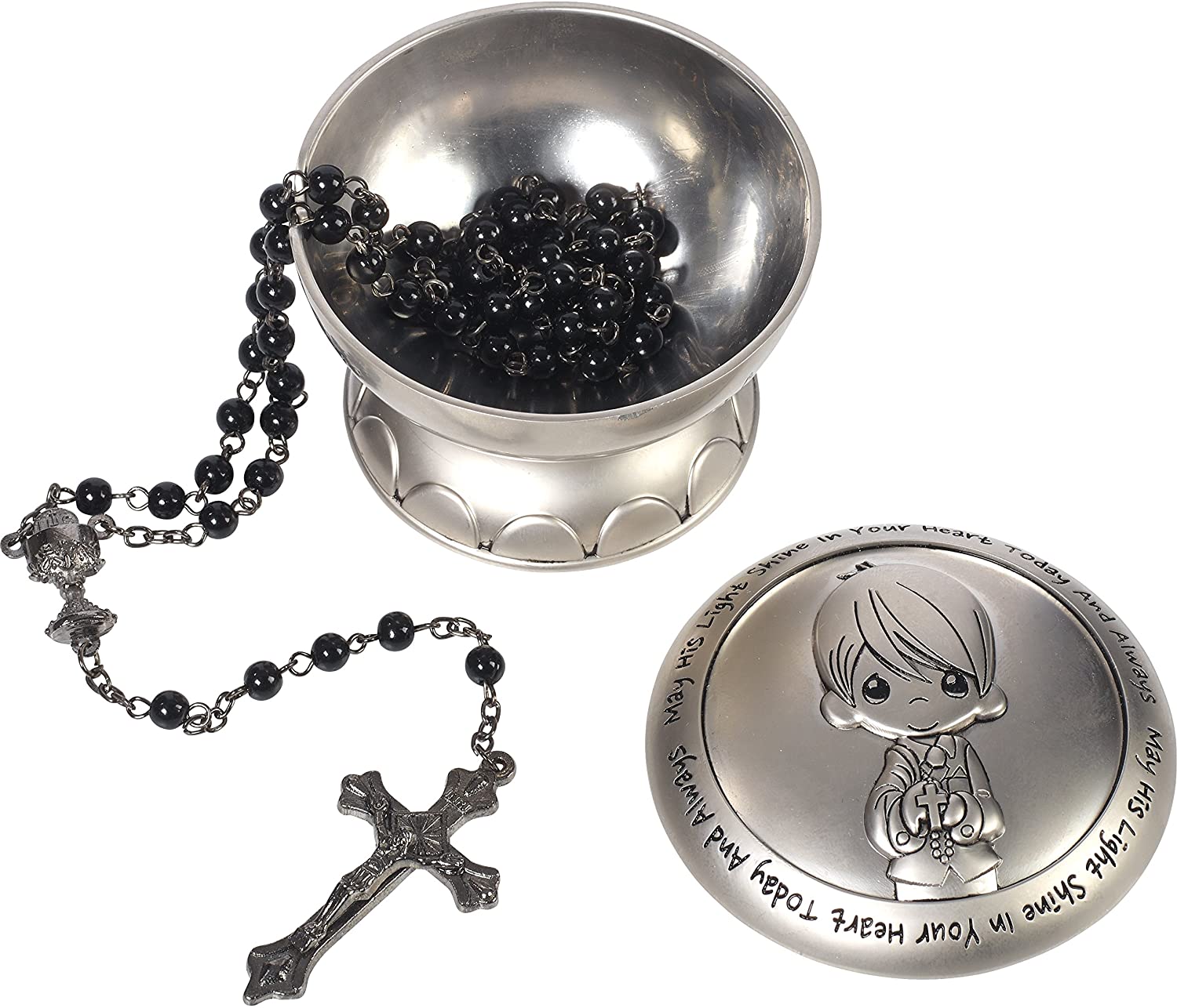 Precious Moments  May His Light Shine in Your Heart Today & Always  First Communion Rosary & Silver Zinc Alloy Rosary Box