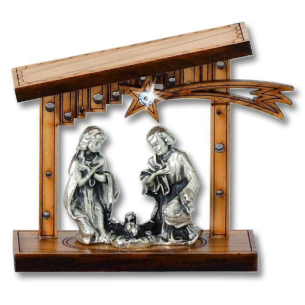 Olive Wood Nativity with Silver-Tone Figurines, Flat Roof