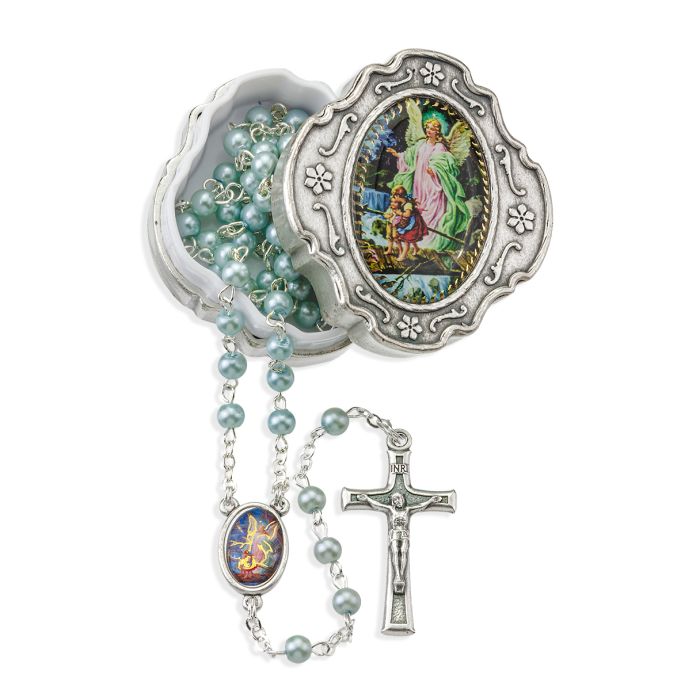Light Blue Glass Bead Guardian Angel Rosary in a Metal Box