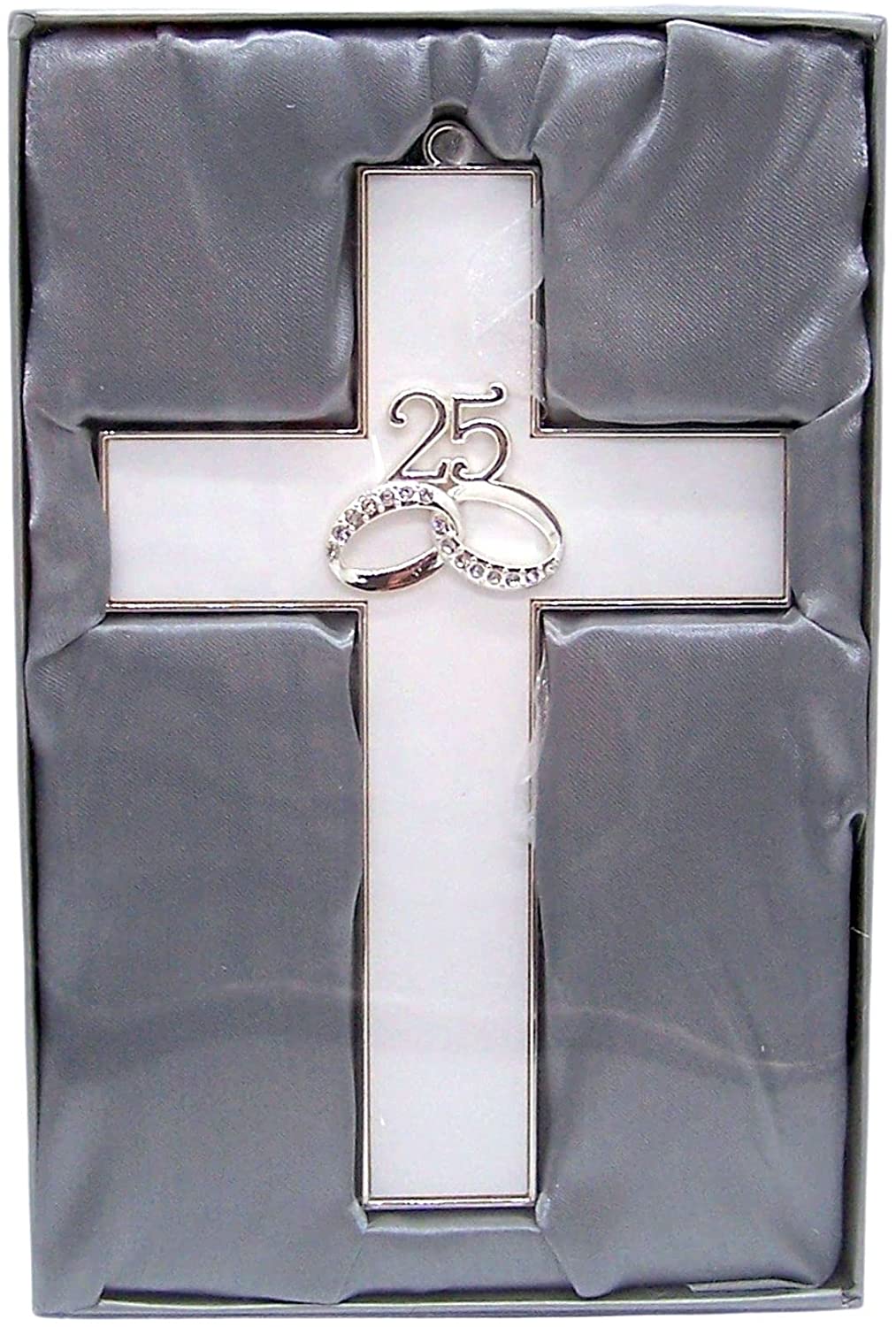 White Cross with a Silver Tone Trimmed, Features 2 Rings in the Center with 25 Above the Rings