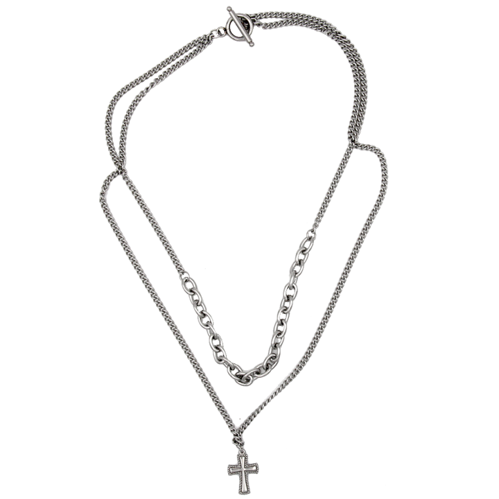 2 Strand Silver-Tone Chain Necklace with Cross