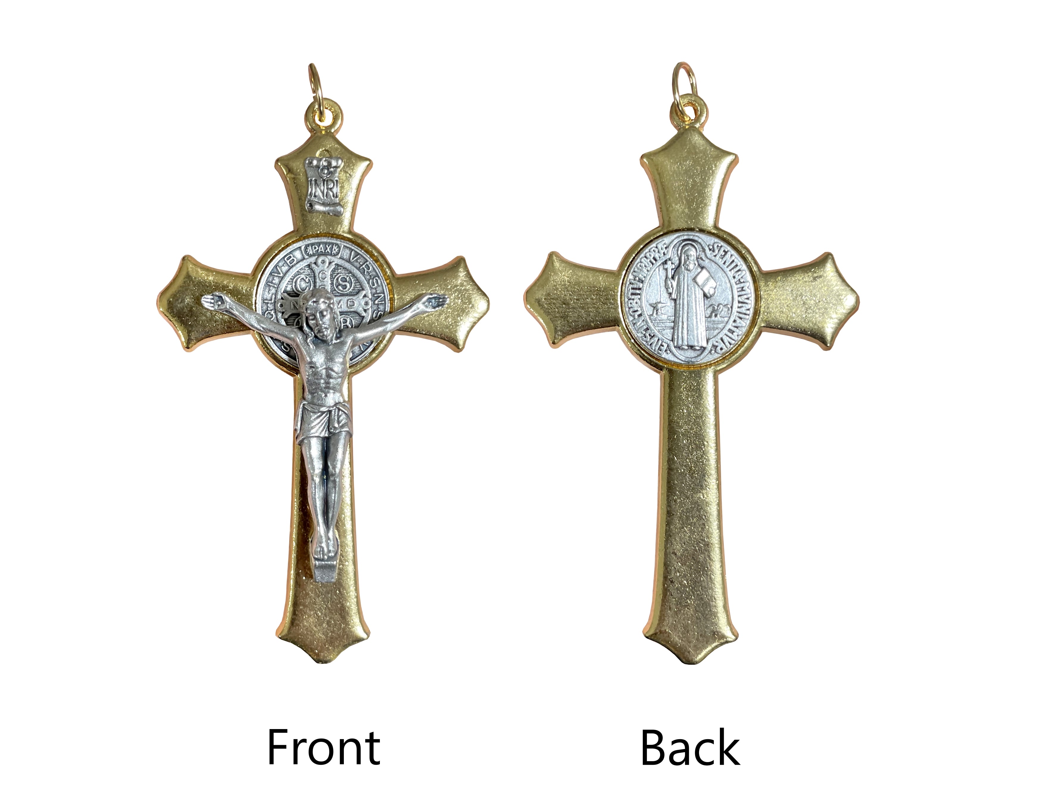 Saint Benedict medal Flared Crucifix 3.0" Gold and Silver Finish