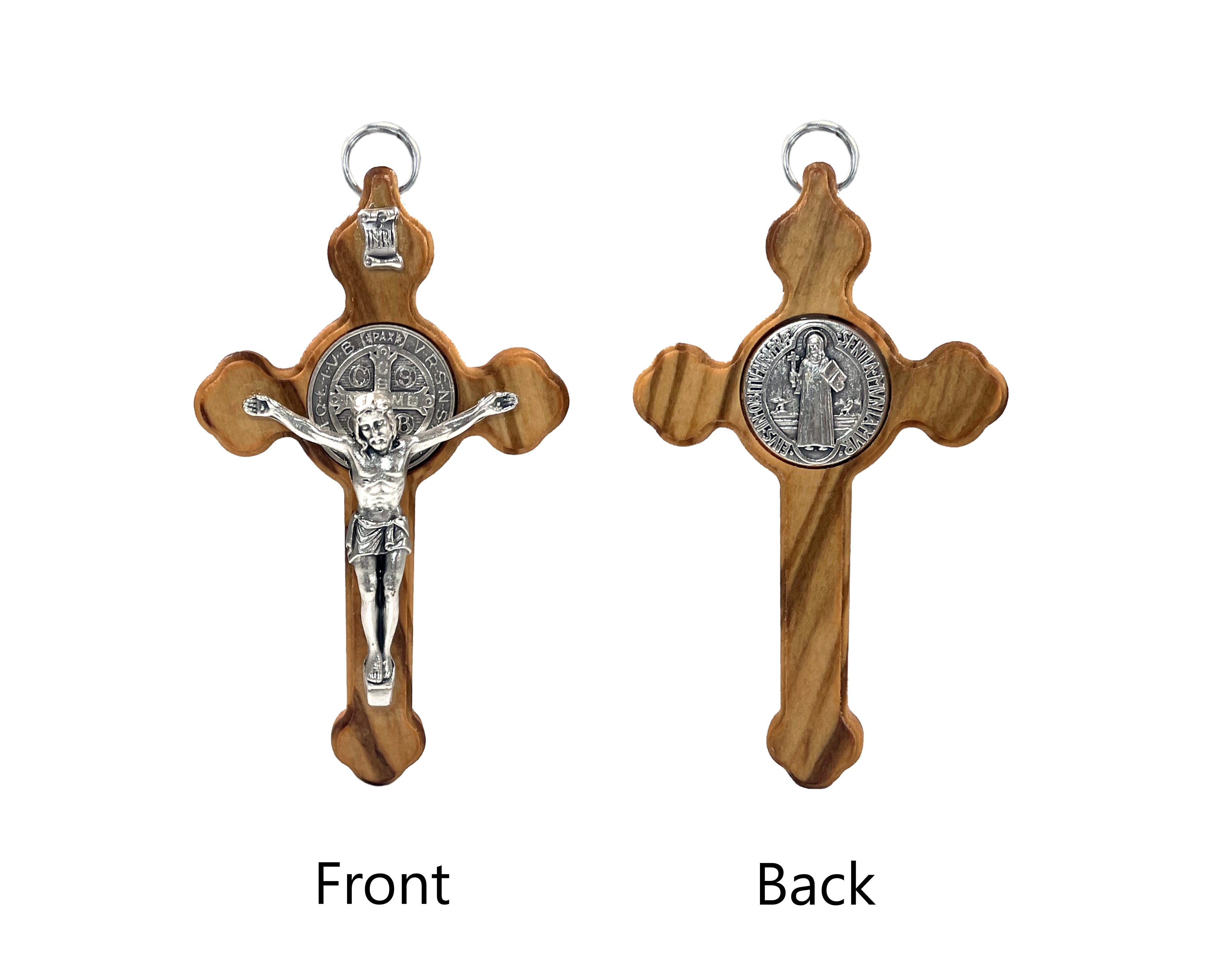 Wooden crucifix with oxidized silver Corpus and Saint Benedict medal 3.0"