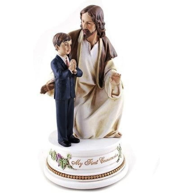 Roman My First Communion Young Boy with Jesus 7 Inch Resin Stone Musical Figurine Plays The Lord's Prayer