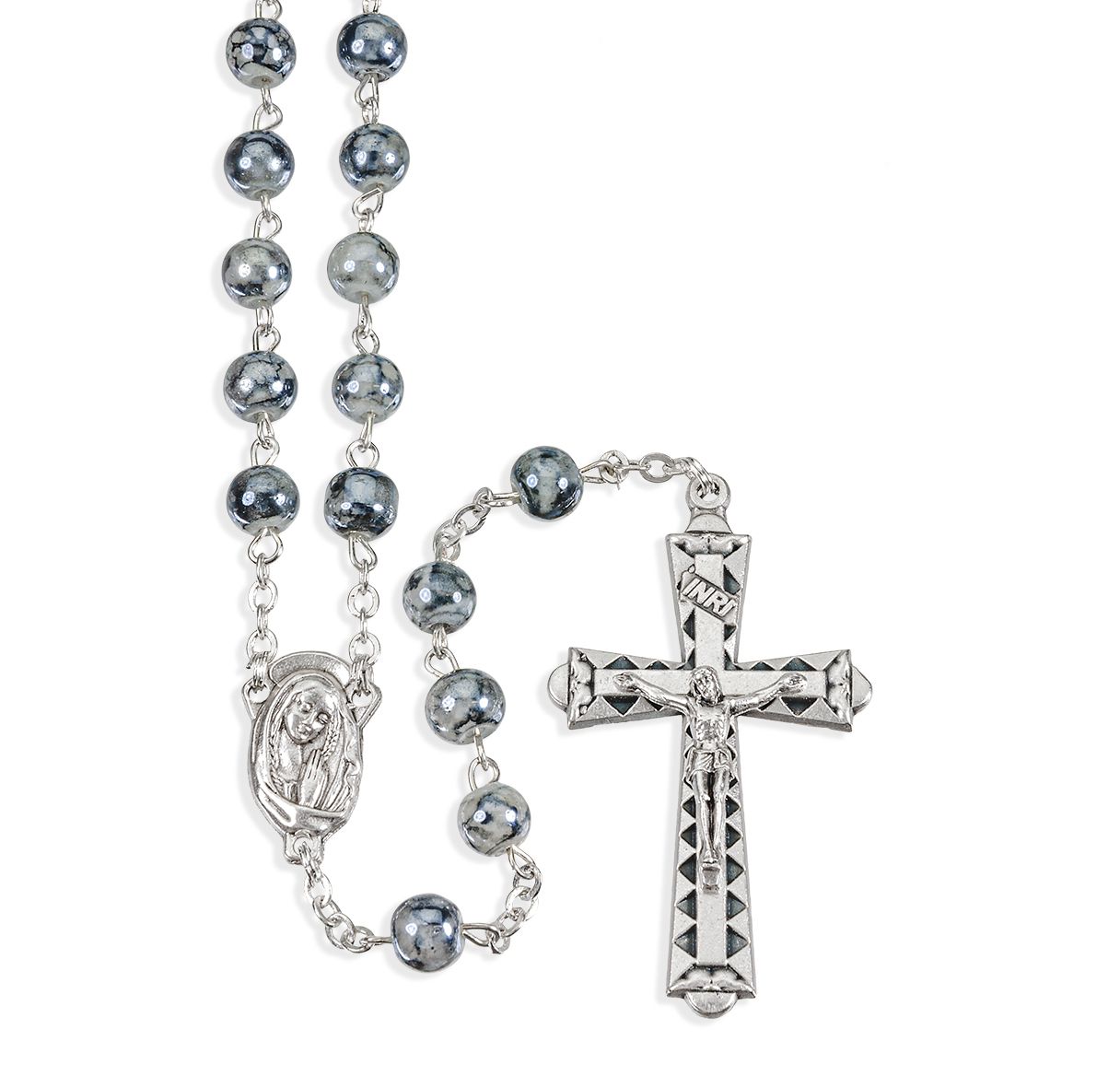 6 mm Marbleized Rosary with Center and Crucifix 18 1/4"