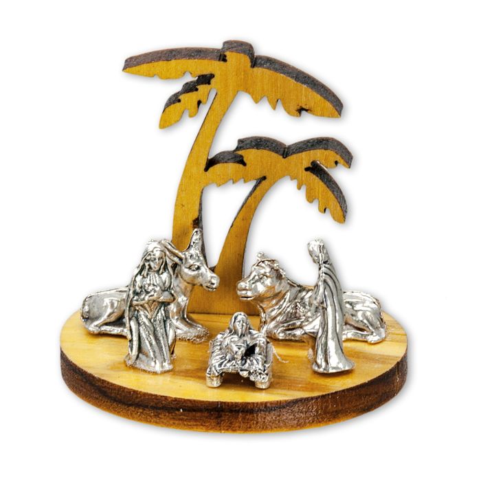 Laser Cut Nativity with Palm Tree & Metal Figurines (1-1/2 inches)