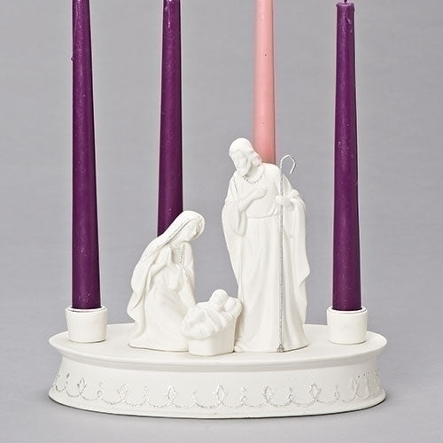 7.5"H HOLY FAMILY WHITE ADVENT HOLDER; CANDLES NOT INCLUDED
