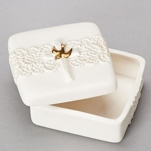 Cross Gold Tone Dove Ivory Lace Detail 2.5 x 2.5 Porcelain Memory Trinket Box