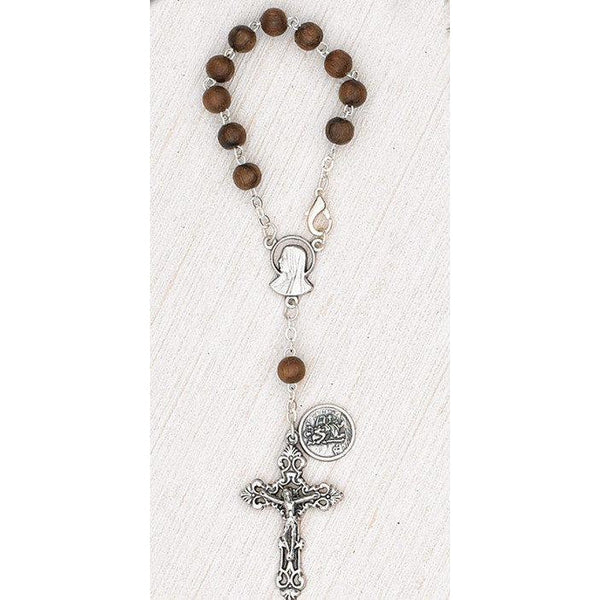 6mm Dark Wood Cross Beads Auto Rosary with Crucifix and St. Christopher  Center