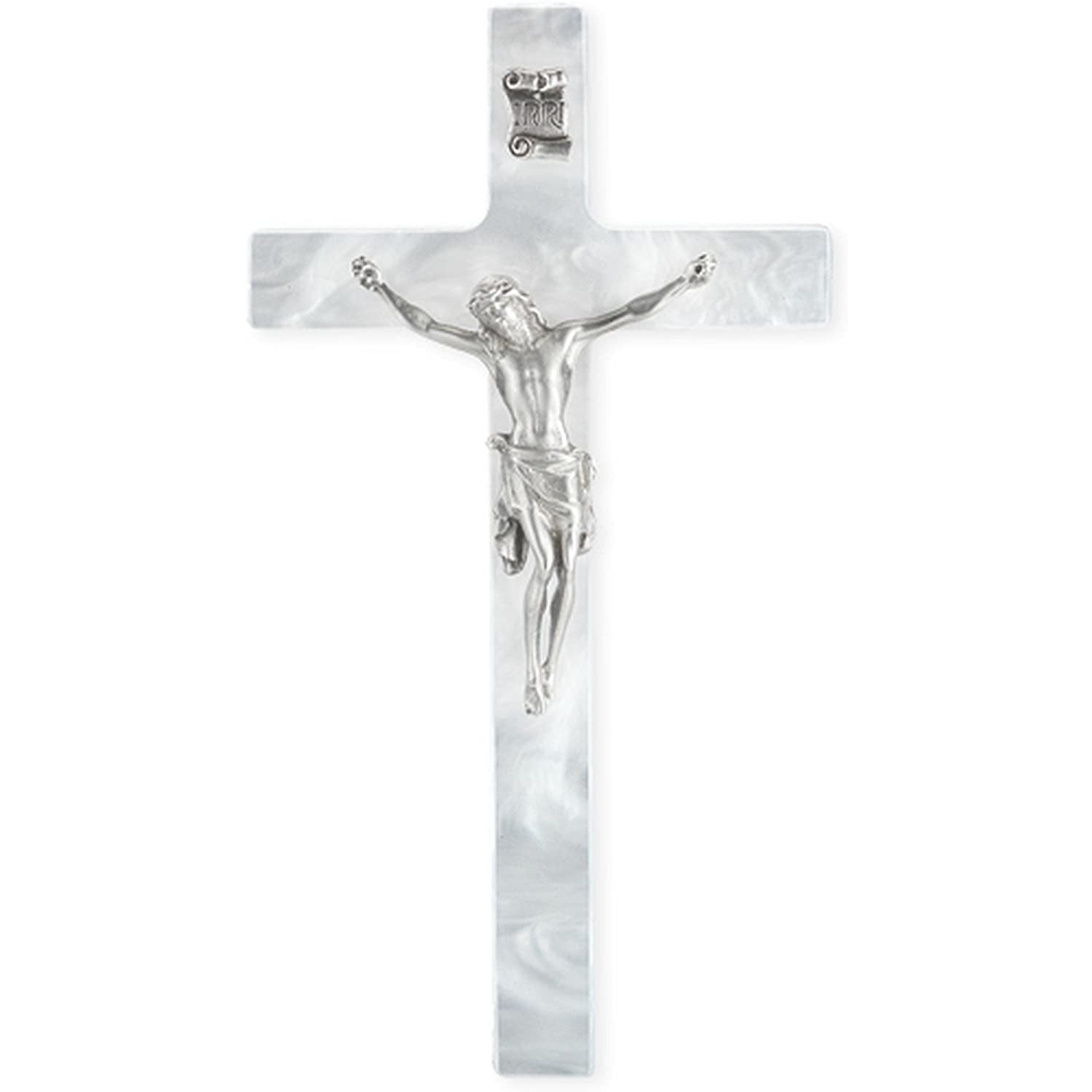 FavorOnline 7" Pearlized White Cross with Pewter Corpus