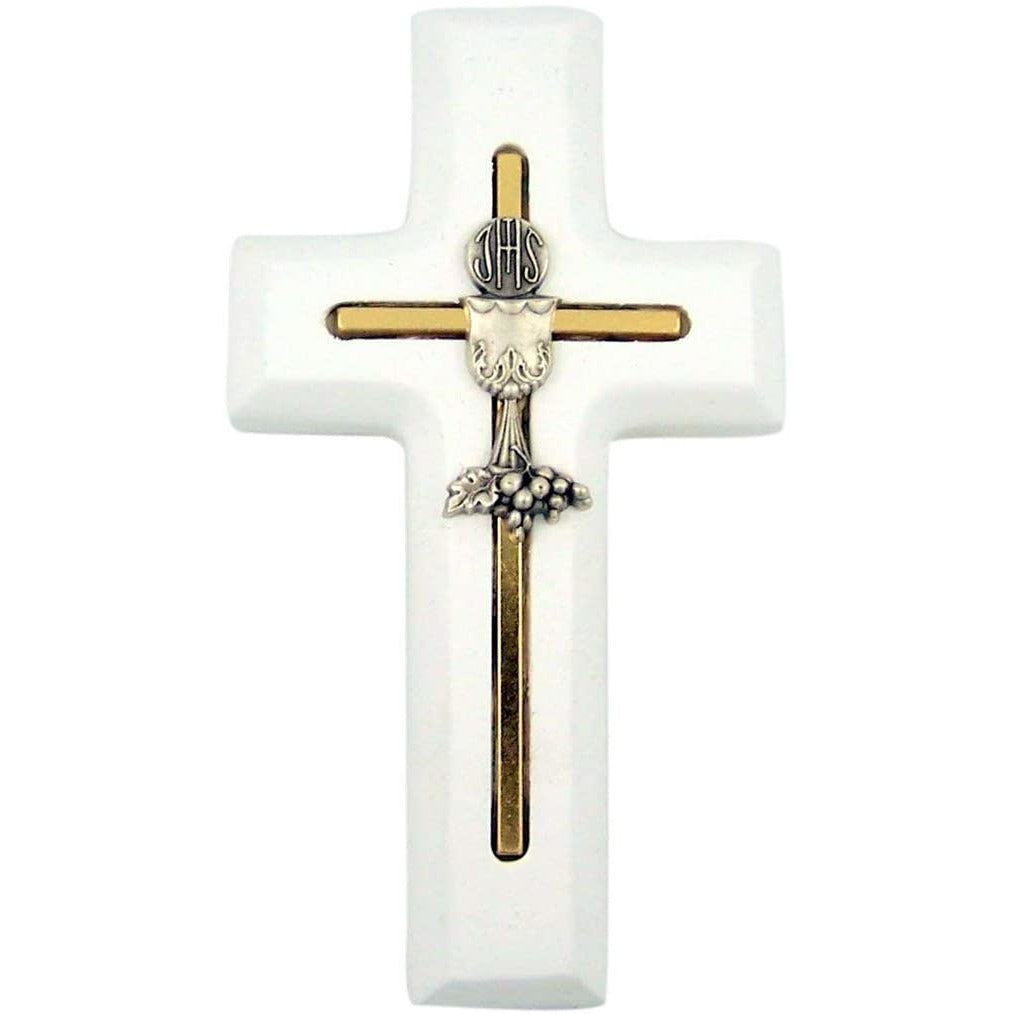 First Communion Cross Wooden with Inlay Chalice and Host, 5 Inch
