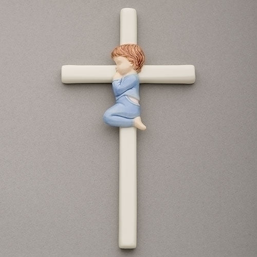 Praying Blue in Blue 7.5 Inch Hand-Painted Glazed White Porcelain Wall