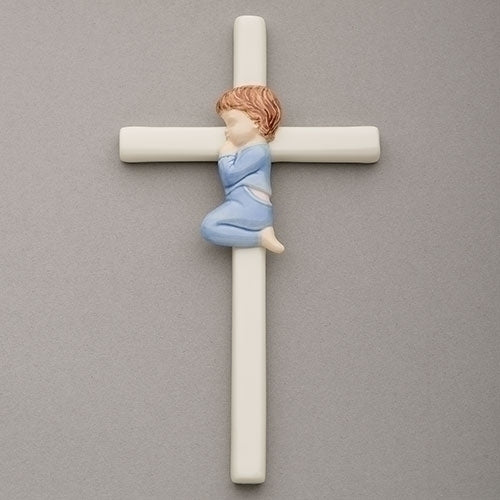 Praying Blue in Blue 7.5 Inch Hand-Painted Glazed White Porcelain Wall Cross