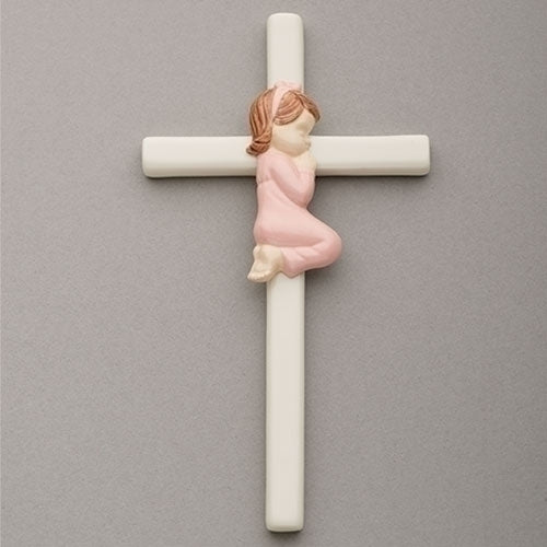 Praying Girl Hand Painted White Porcelain 7.5 inch Wall Cross
