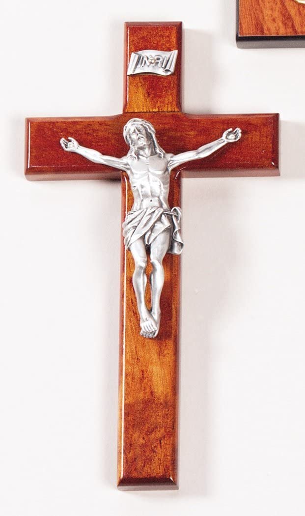 Cherry Wood Cross Crucifix with Antique Finish Pewter Christ Corpus, 8 Inch