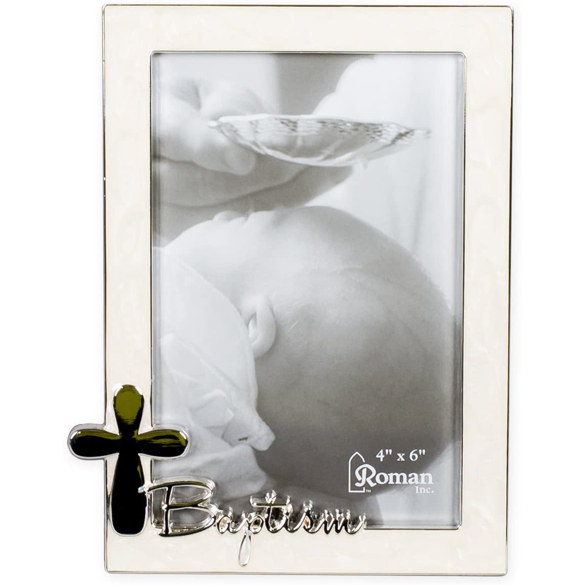 Baptism Silver Finish Cross 4 x 6 Photo Pearl Trim Picture Frame