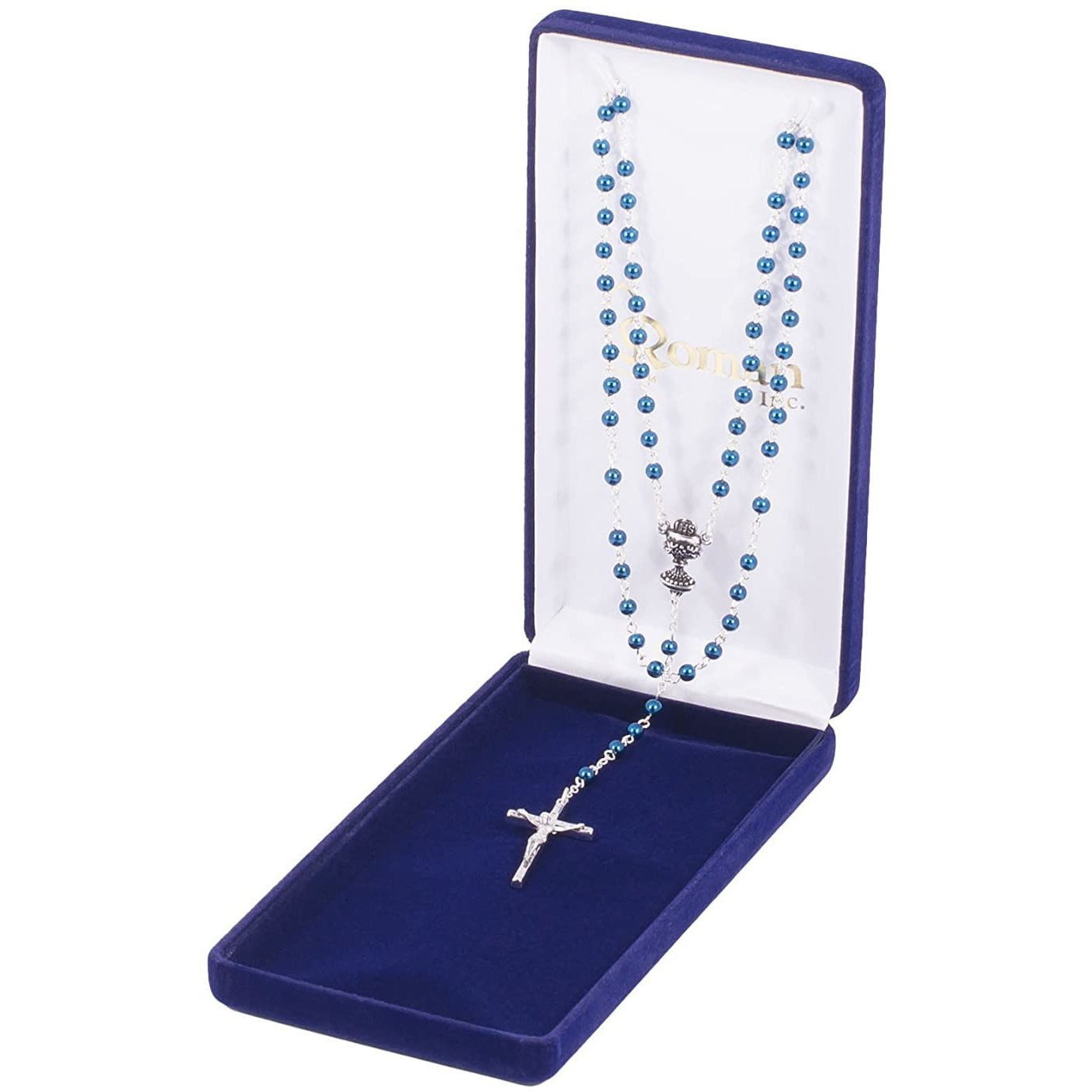 Blue Glass Bead and Metal Communion Rosary - 15" Long