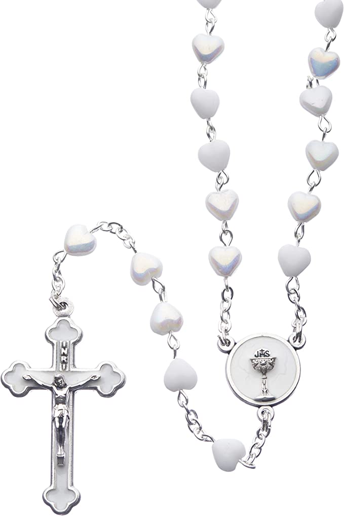 Roman - Communion Rosary with Heart Shaped Beads, First Communion Collection, 16" L, 6mm Beads, White and Silver, Made in Italy, Glass and Metal, Religious Gift