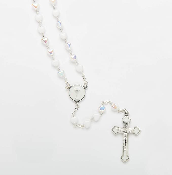 Roman - Communion Rosary with Heart Shaped Beads, First Communion Collection, 16" L, 6mm Beads, White and Silver, Made in Italy, Glass and Metal, Religious Gift