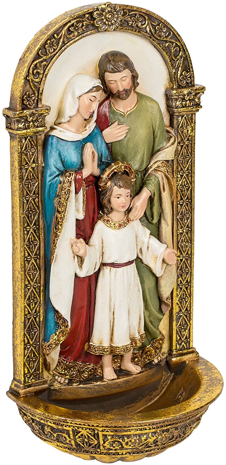 Holy Family Font Gold Filigree 8 x 4 Inch Decorative Hanging Wall Figurine